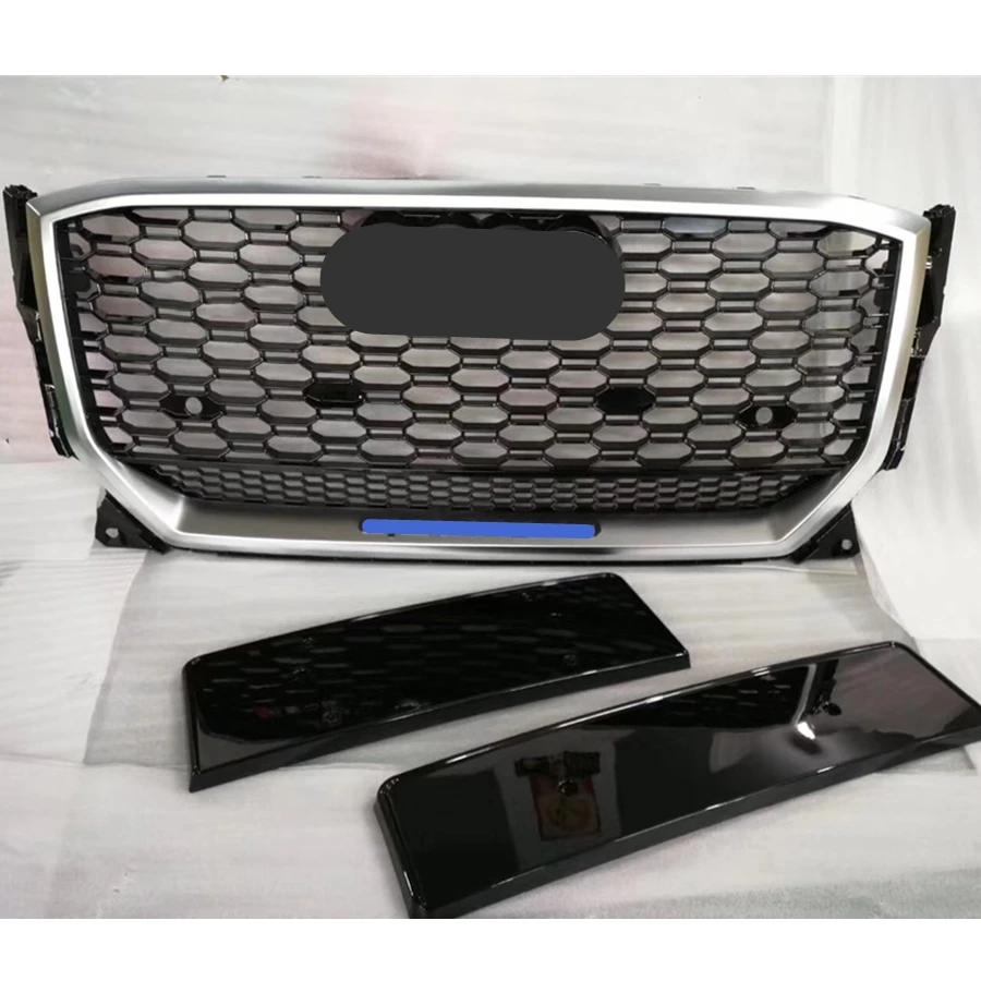

For RSQ2 Style Front Sport Hex Mesh Honeycomb Hood Grill Silver Frame Gloss Black Grill for Audi Q2/SQ2 2017 2018 2019