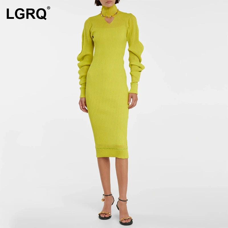 

[LGRQ] Hollow Out Sheat Knitting Elegant Women's Dress New Turtleneck Neck Long Sleeve Tread Fashion Spring Autumn 2021 19D4516