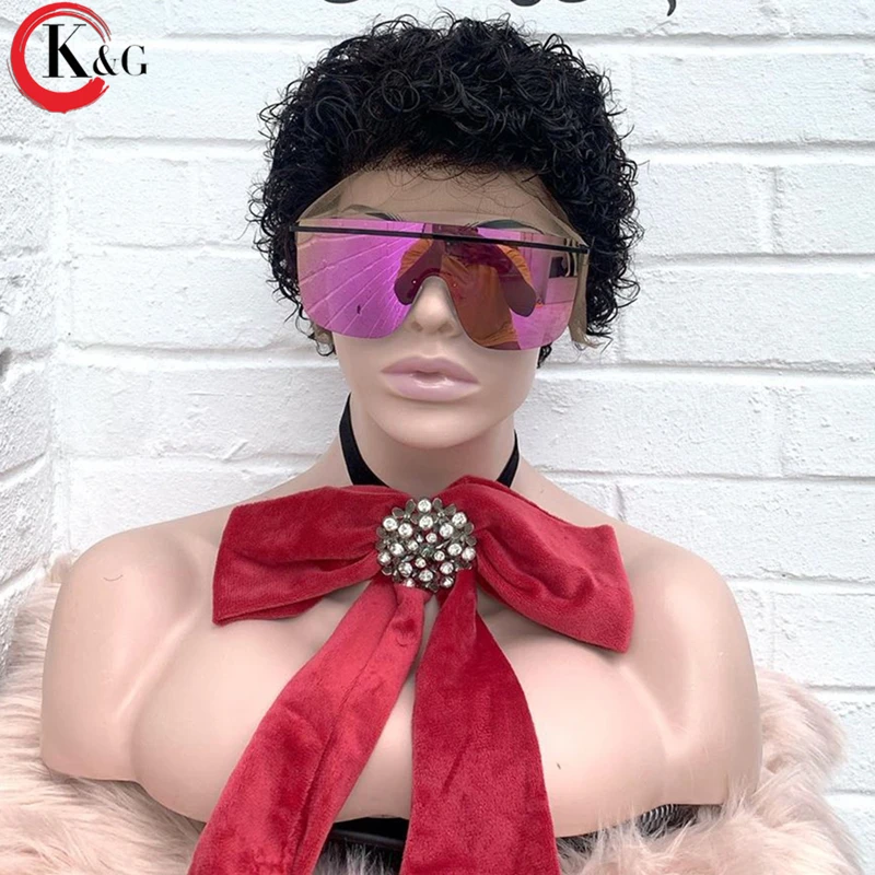 KUNGANG Pixie Cut Wig 13*4 Curly Lace Front Human Hair Wigs Middle Ratio lace wig 150% 180% Density Non-Remy | Шиньоны и парики