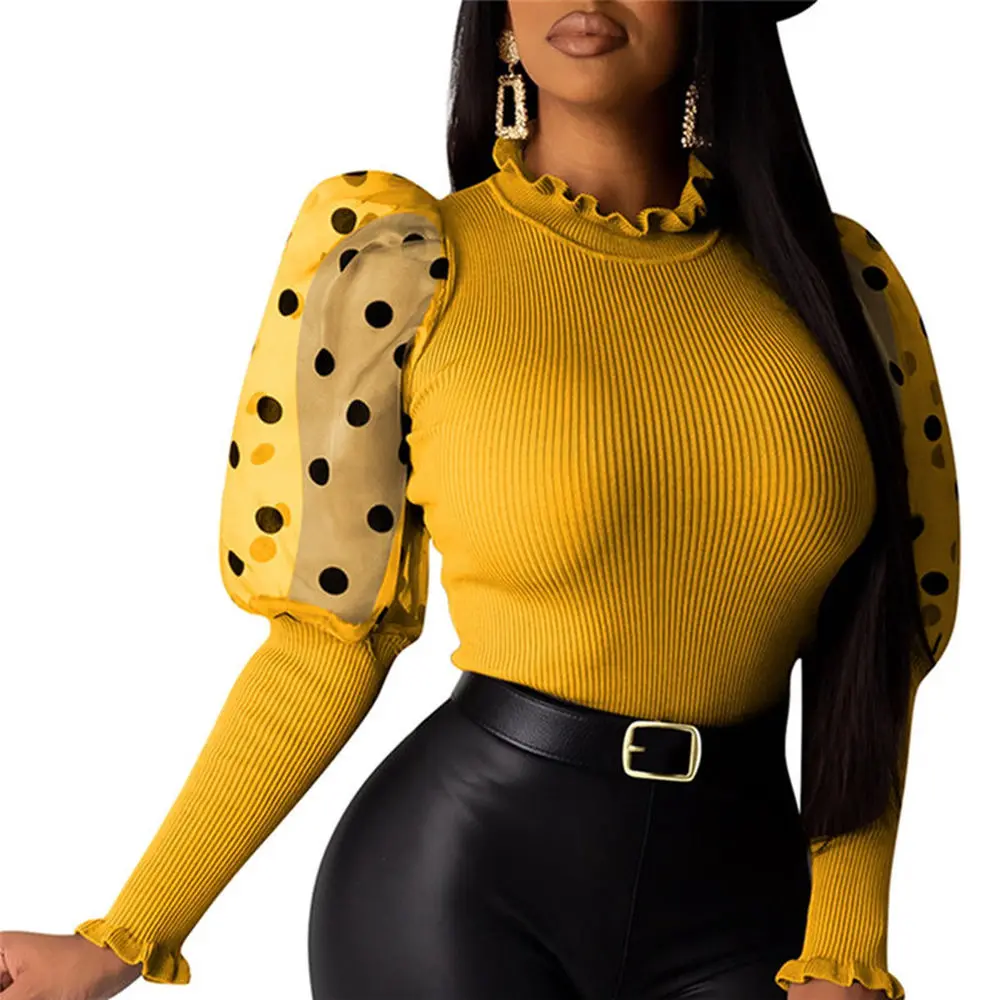 

Women Puff Sleeve Blouse Turtleneck Slim Tops Knitted Clothes Winter Shirt Blouse Long Sleeve Top Womens Blouses And Tops