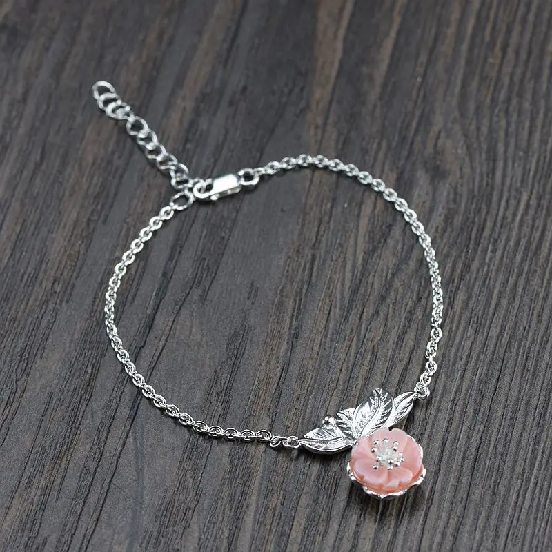 

FNJ 925 Silver Bracelet for Women Jewelry Original S925 Sterling silver Bracelets Rose Flower Charm Shell 16cm +4cm