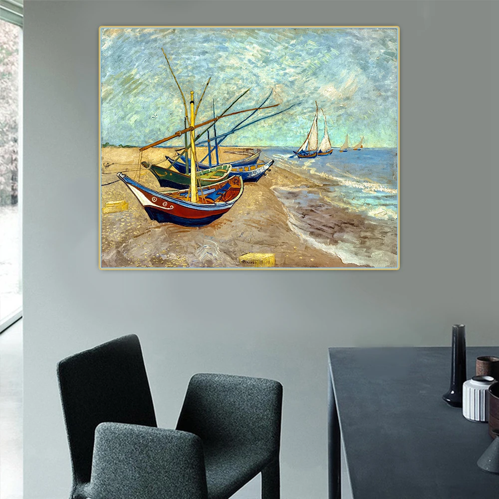 Ван Гог 》 Рыбалка лодки на пляже Les Saintes Maries de la Mer картина маслом холсте