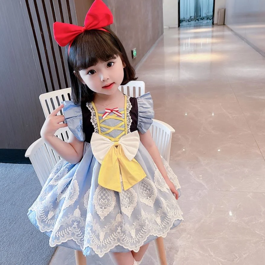Детская одежда летнее милое кружевное платье без рукавов с бантом и вышивкой