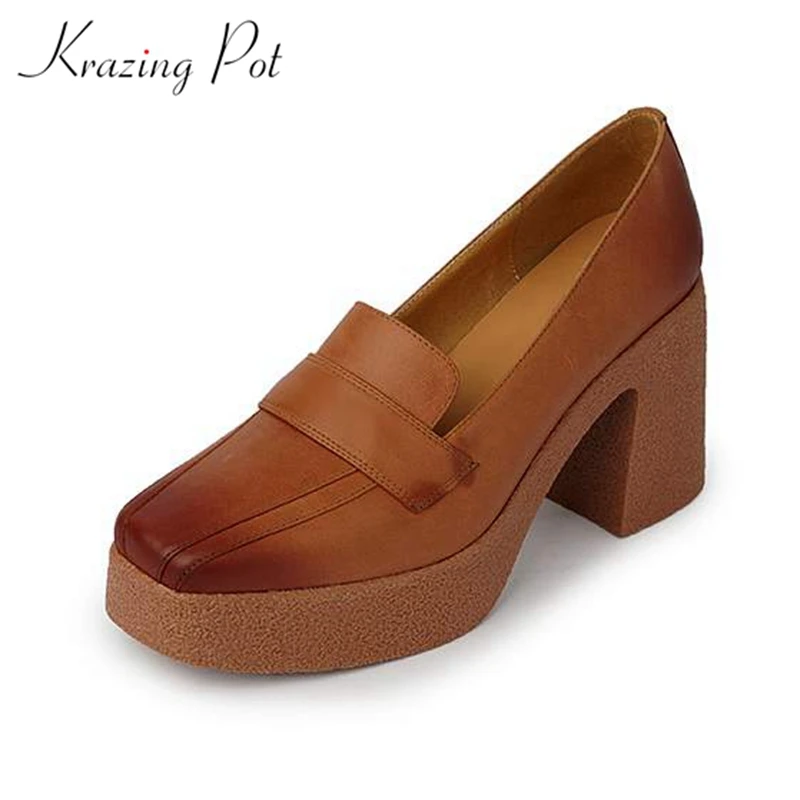 Туфли Krazing pot из натуральной кожи на платформе с квадратным носком, винтажные модные туфли-лодочки на очень высоком каблуке в европейском ст...