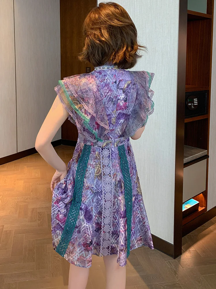 

Splicing mesh heavy industry bronzing water-soluble lace lace waist dress female 2020 summer new