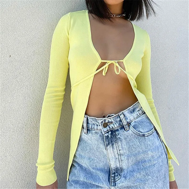 

Light Yellow Cardigan Tops Women Sexy Lace-up Full Sleeve Patchwork Spring Autumn All-match Harajuku Fashion New Street T-shirts