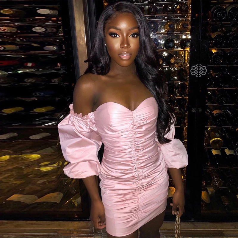 Женское мини платье с открытой спиной рукавами фонариками и рюшами|Женские