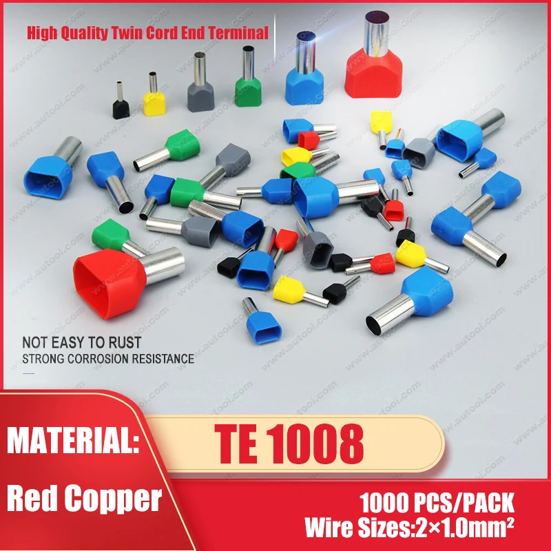 1000 шт./упак. TE1008 2X18 AWG Red Двойной вход провод и bootкружевной наконечник для 2X1 0 мм2 8