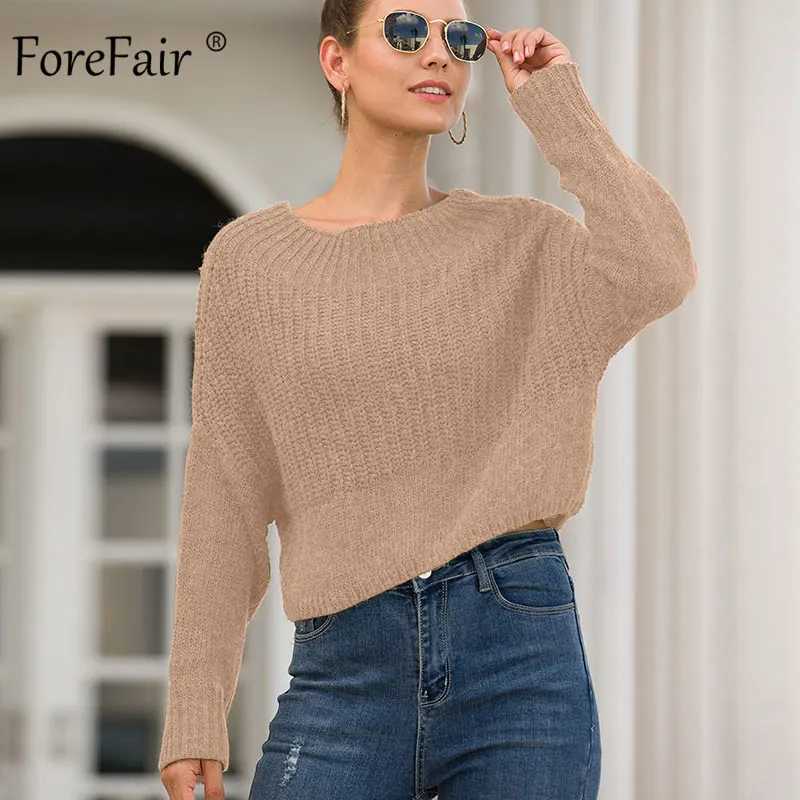 Forefair, укороченный Повседневный свитер, Женский вязаный однотонный джемпер, осень, круглый вырез, сексуальная вязаная одежда, зеленый, хаки, белый, короткий зимний свитер - Цвет: Khaki Sweater