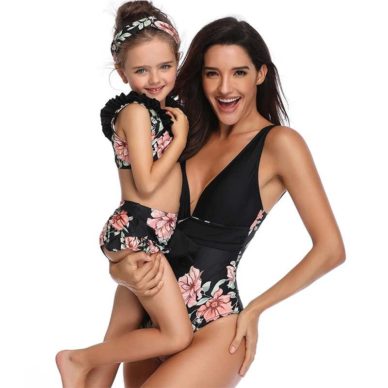 Цельный купальник для родителей и детей с высокой талией лямкой на шее мамы дочки