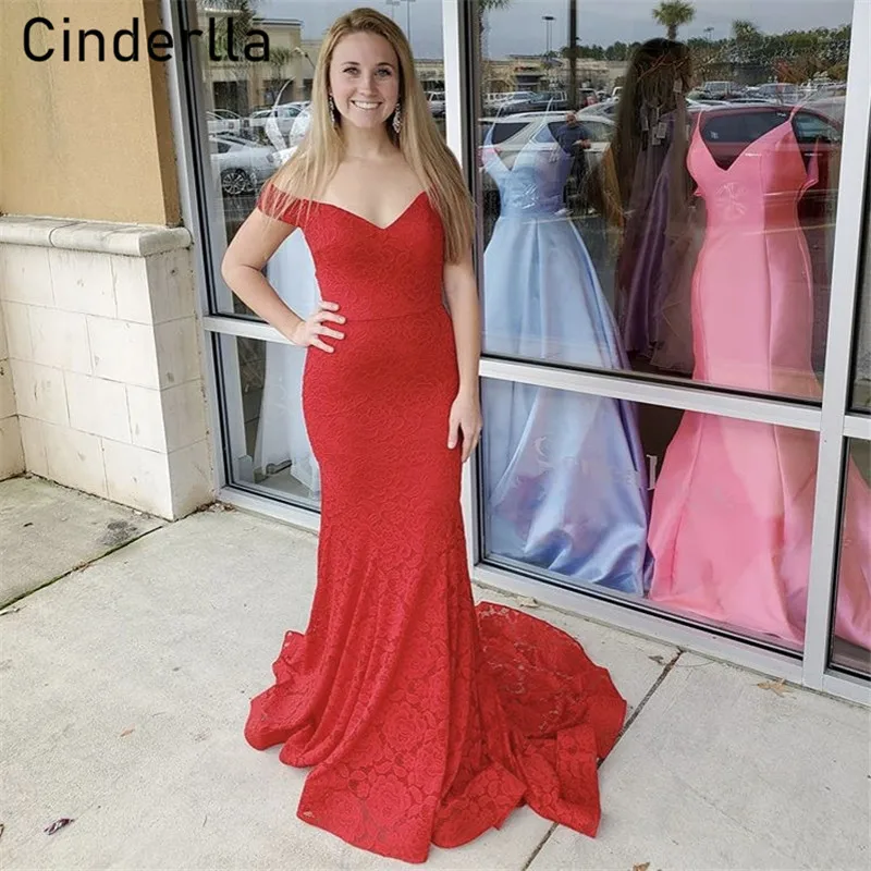 

Red Prom Dresses V-Neck Off The Shoulder Sweep Train Mermaid Lace Prom Dresses With Zipper Back vestidos de fiesta de noche