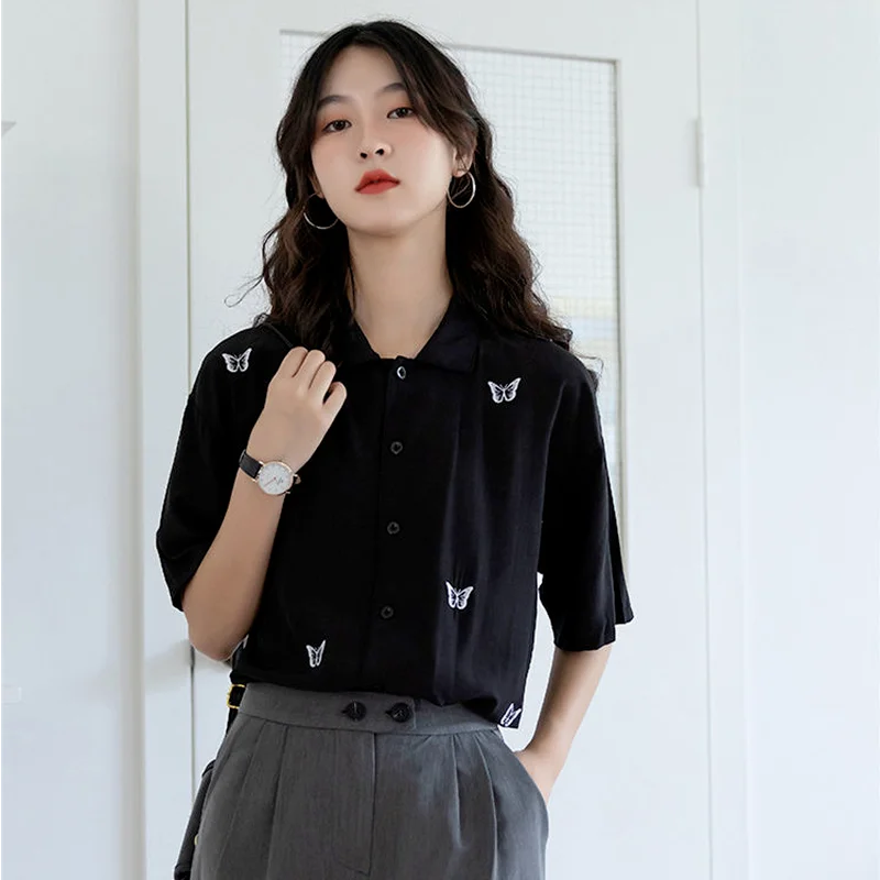 Женская рубашка с вышивкой свободного покроя в Корейском стиле простая шикарная