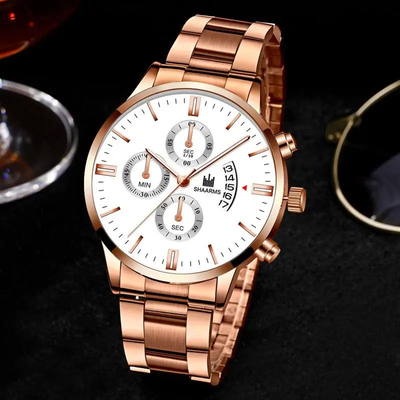 Роскошные мужские часы из розового золота ремешок нержавеющей стали аналоговые