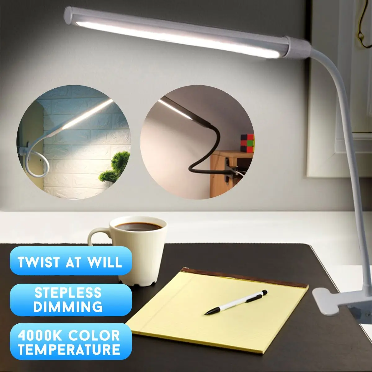 

Long Arm Table Lamp Clip on Office Desk Lamp LED USB Light Dimmable Eye Protection Adjustable Study Light for Bed Reading