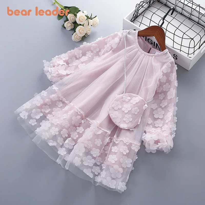 

Bear Leader Kids Girls Princess Sweet Dresses Spring Autumn Baby Girls Flowers Appliques Costumes Wedding Cute Vestidos With Bag