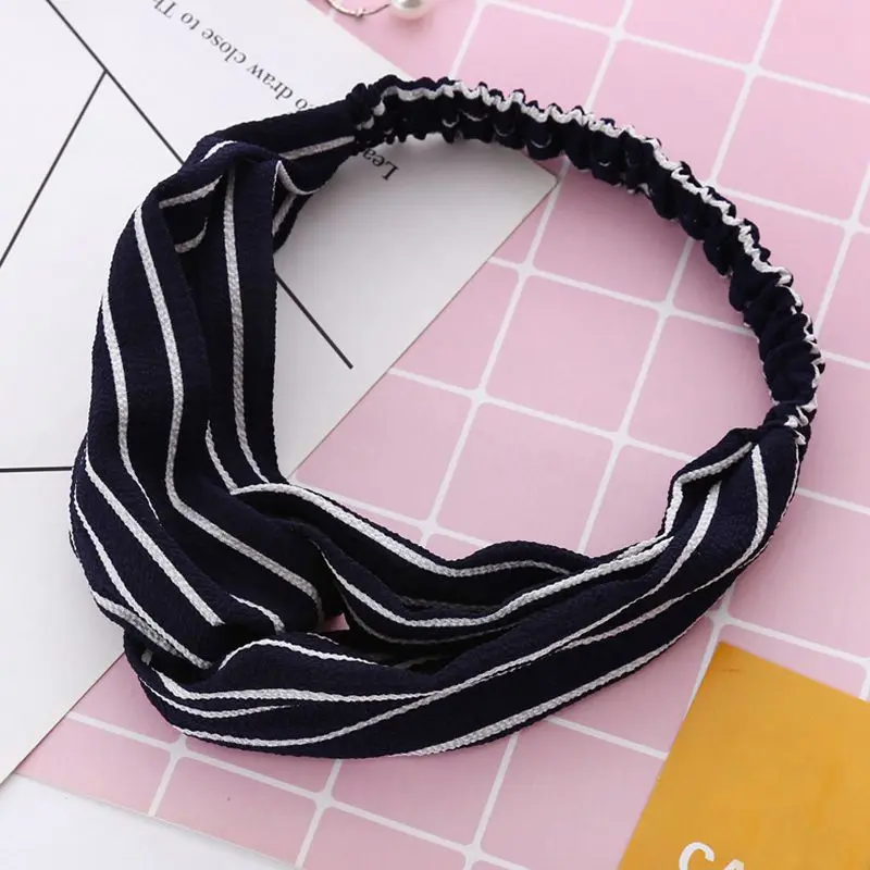 Модный узелок на голову турбан эластичная ободок для волос головной платок аксессуары для женщин и девочек полосатый головной убор темно-синий.