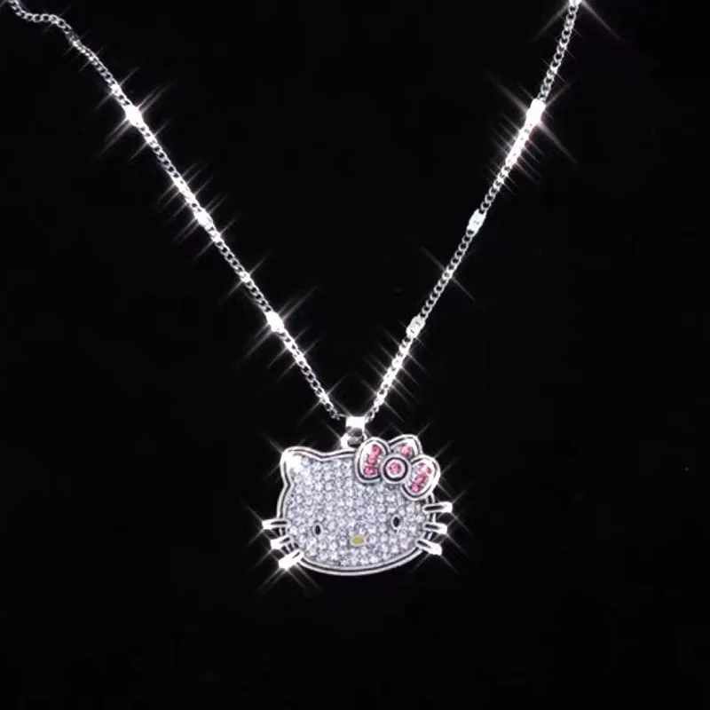 Y2k Hello Kitty Necklace With Chain Alloy Silver Crystals Female Charms Rhinestone Goth Pendant Jewelry Valentine Day Gift