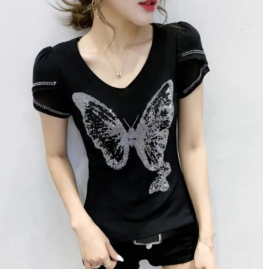 

2020 summer women t shirt Fashion butterfly Diamond T Shirt female slim sexy Hollow out t-shirt Female Tees camisetas mujer r518