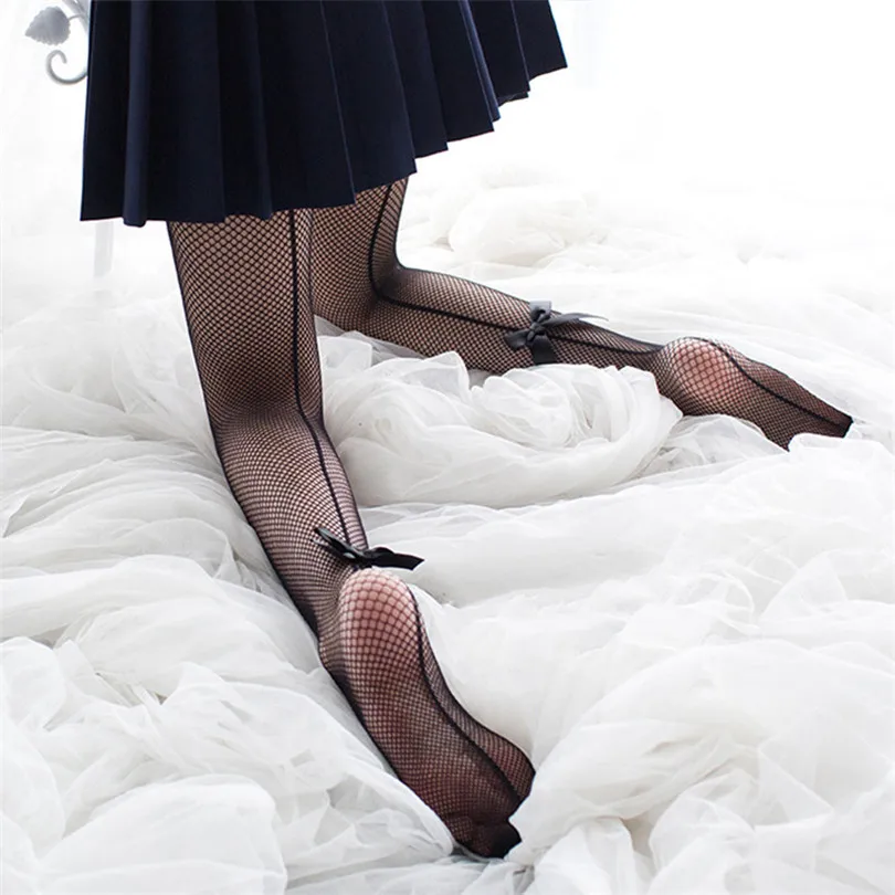 

VIIANLES Black Tights Fishnet Stockings Female Stitching Bow Stripe Mesh Hosiery Sexy Pantyhose Club Party Women Long Hollow Out
