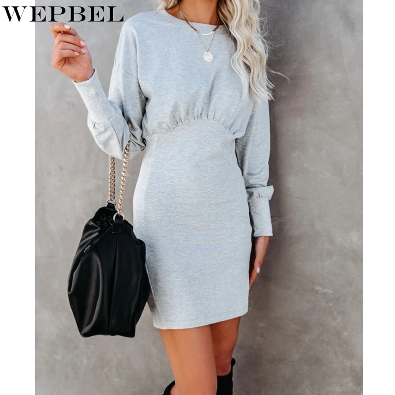 

WEPBEL Dress Women's Slim Casual Solid Color Dress Spring Summer Fashion Long Sleeve High Waist O-Neck Mini Dress