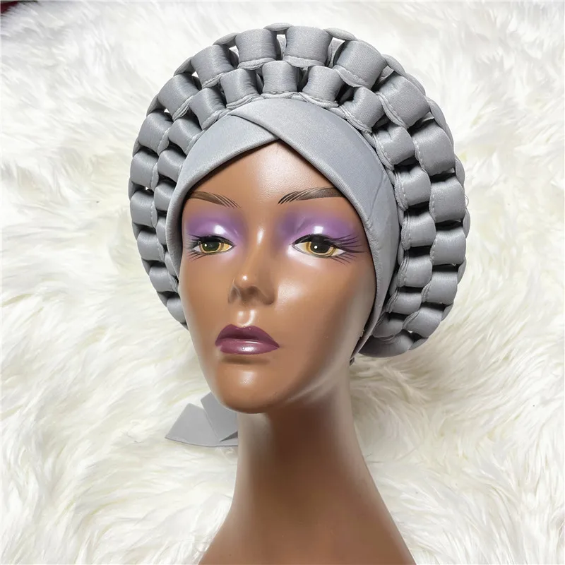 Красный нигерийский тюрбан gele с бусинами уже изготовленный в африканском стиле