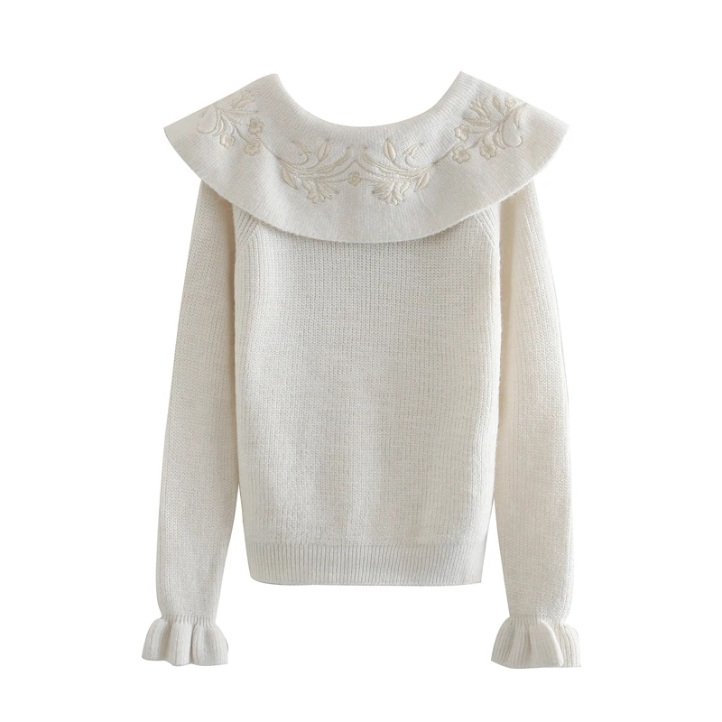 

Winter Knitwear Women's Long Sleeve Lapel Sweater Embroidered Collar Coat Short Blouse Fashion Women's Wear