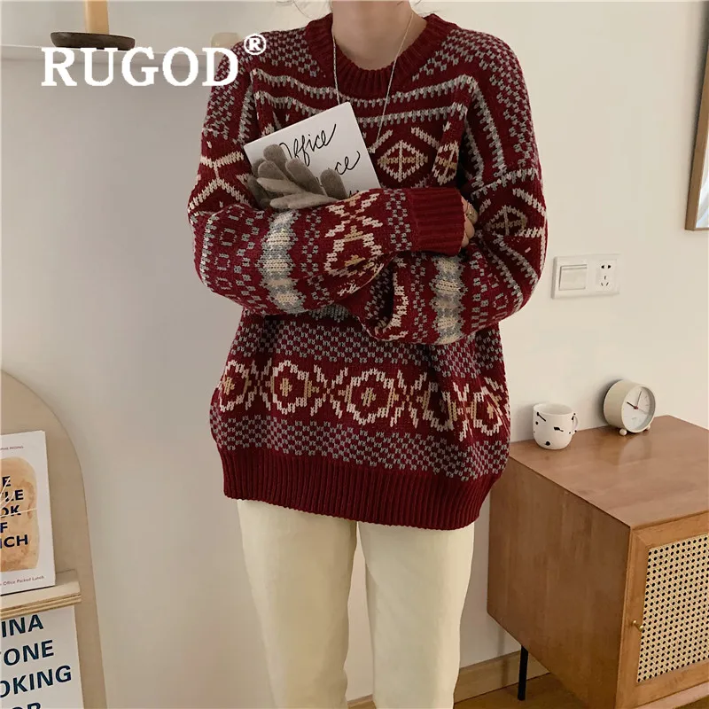 Женский вязаный свитер RUGOD винтажный пуловер в Корейском стиле размера плюс зима