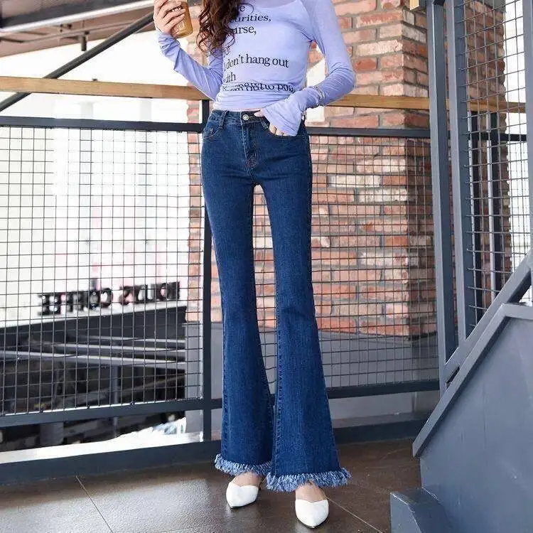 

Black flared pants women's High Waist Stretch Skinny Jeans spring and autumn new fat mm large loose tassel Capris