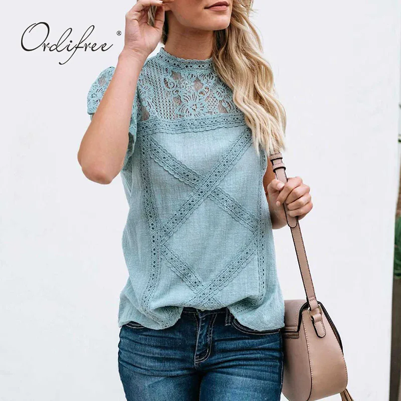 

Ordifree 2021 Summer Women Blouse Shirt Short Sleeve Hollow Out Sexy White Blouse Blouse Shirt