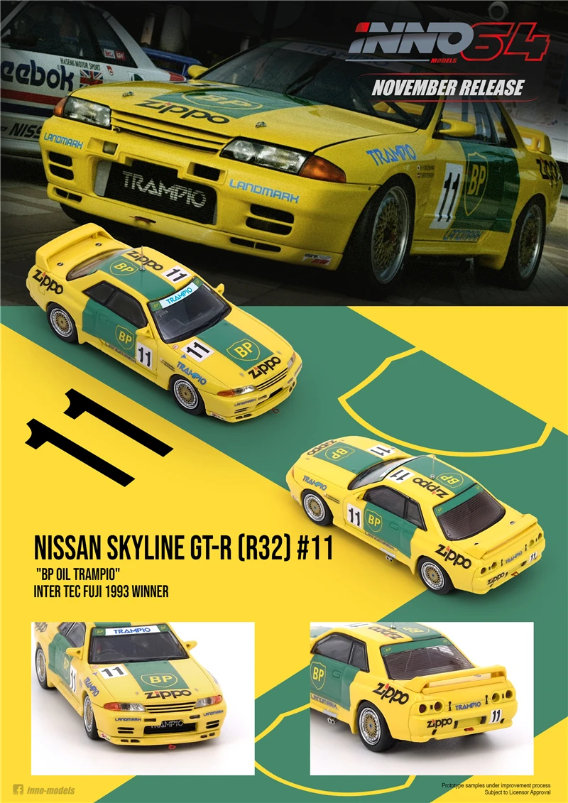

INNO 1:64 Nissan Skyline GT-R R32 BP OIL TRAMPIO Inter TEC Fuji 1993 #11 Diecast Model Car