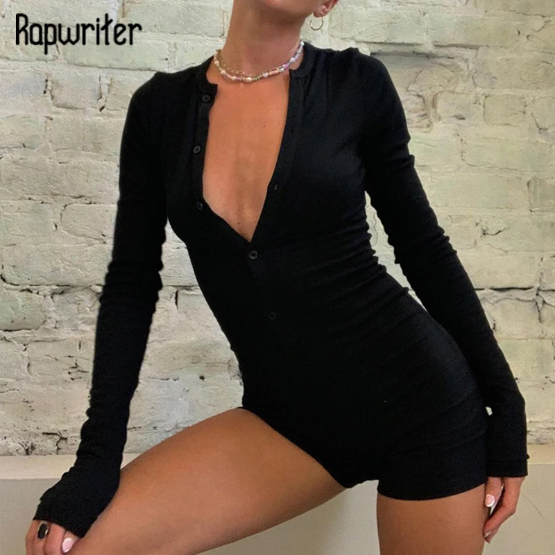

Rapwriter Solid Black Playsuit Ribbed Skinny Bodies For Women Button Bodysuit y2k Long Sleeve Stretch Fitness Rompers Streetwear