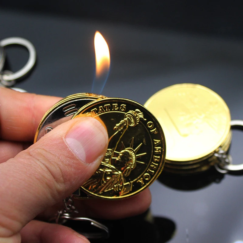 Metal Butane Lighter Keychain Creative Compact Gas Inflated Jet Pendant Coin Bar One Dollar Gift Key Chain Without | Дом и сад