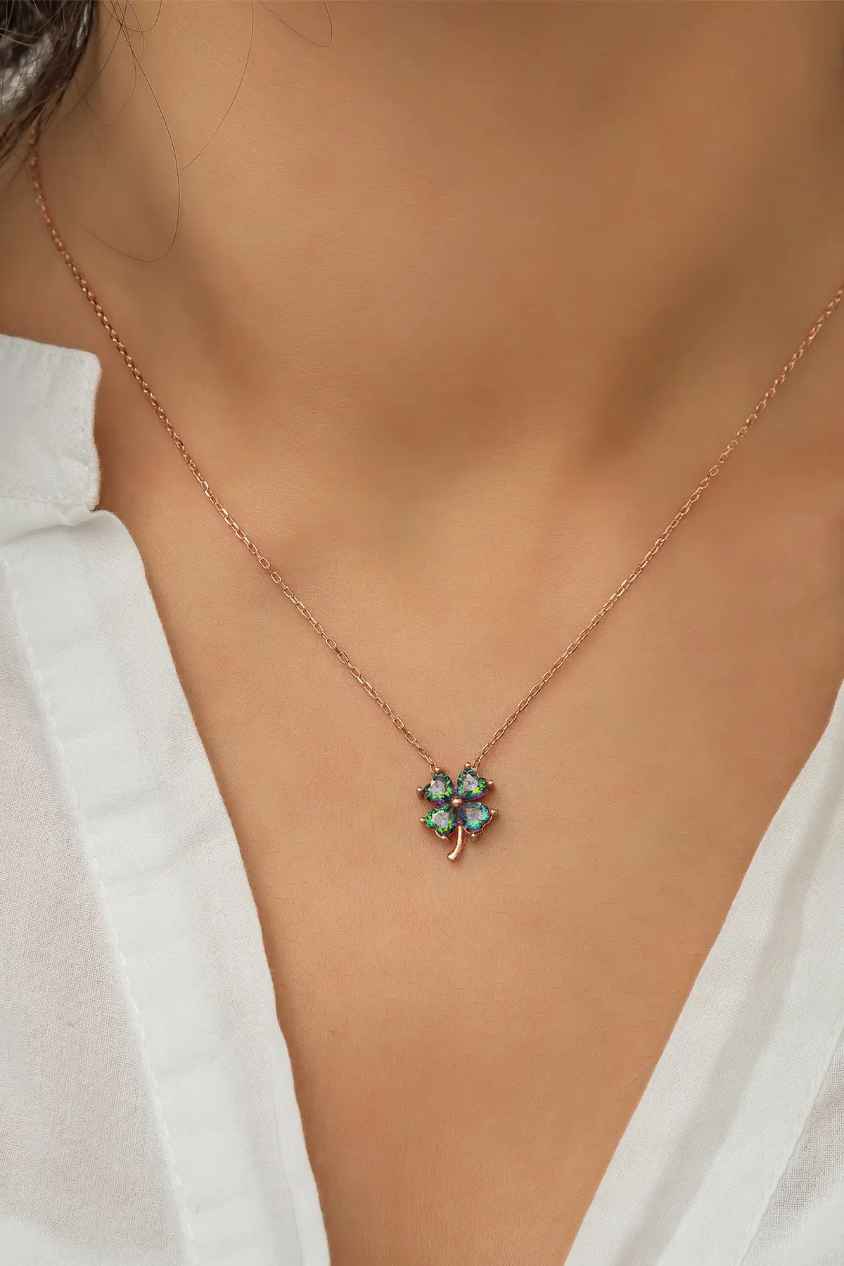 

Mystic Stone Clover Necklace Rose Gold Plated Chain 925 Sterling Silver