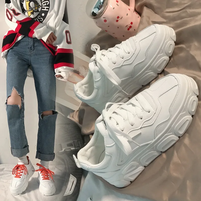 

2019 New Spring White Women Sneakers Fashion Thick Bottom Womens Platform Sneakers Casual Shoes Zapatos De Mujer L1274