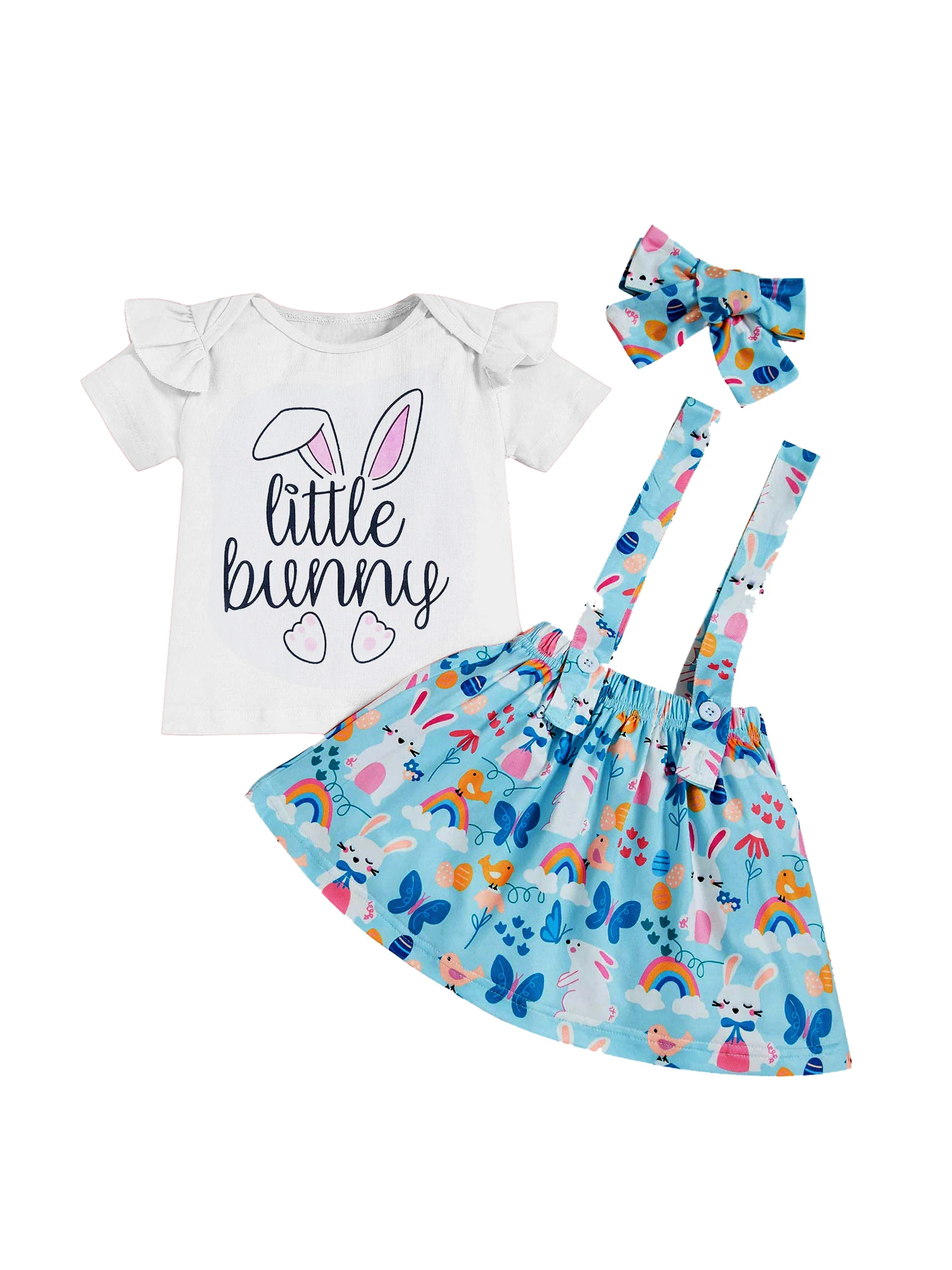 

Пасхальный наряд для маленьких девочек, футболка с коротким рукавом и буквенным принтом + юбка на бретелях с принтом кролика + искусственная...