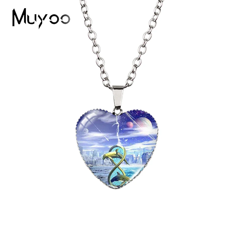 Ожерелье с подвесками в форме сердца дельфины на закате Галактический пейзаж