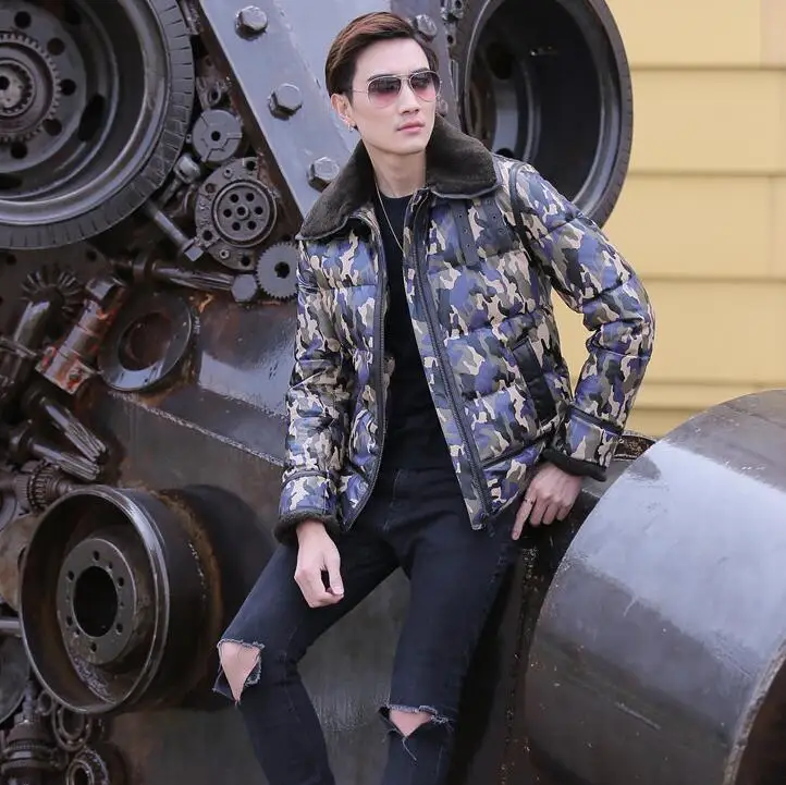 

Genuine Leather Jacket Coat Men Casual Real Sheepskin Rabbit Fur Collar Camouflage Winter Warm Thick Bomber Male Parka Plus Size