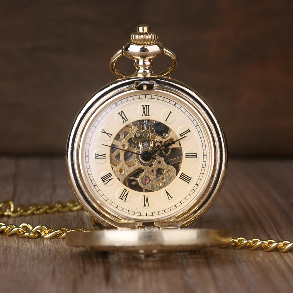 Luxury Gold Disc Hollow Out Steampunk Mechanical Pocket Watch Fashion Gentleman Necklace Pendant Accessory Gift Clock