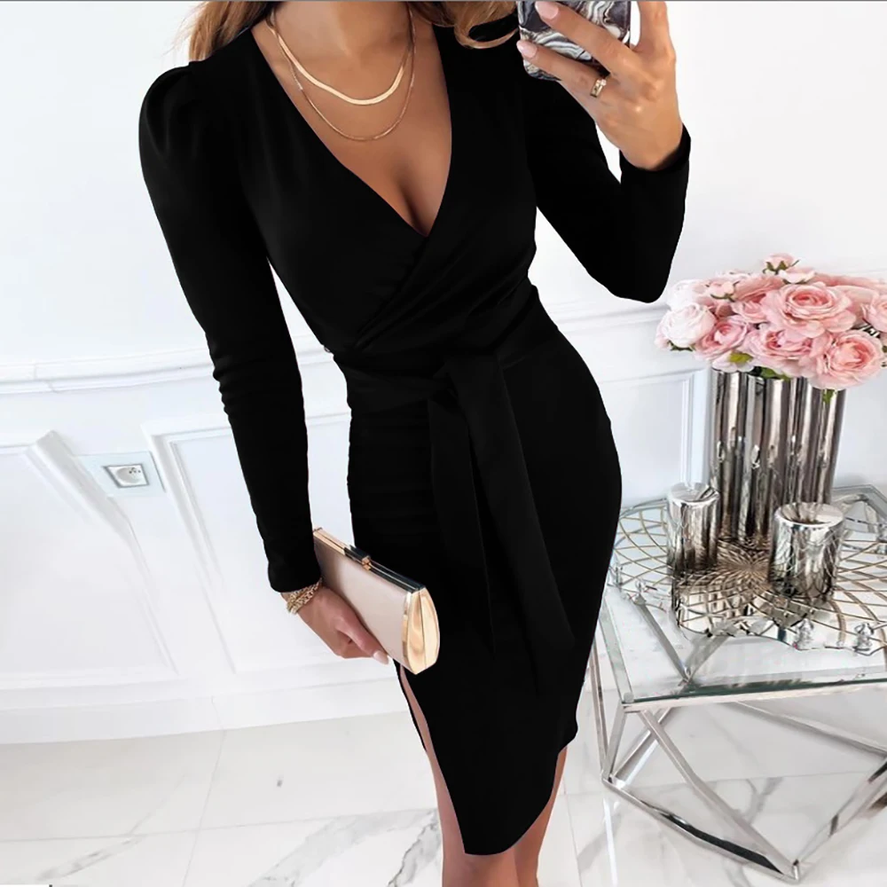 

Women's Sexy Deep V Neck Elegant Long Sleeve Midi Dress Pure Color Slim Formal Evening Party Dress Side Slit Bodycon Office Lady
