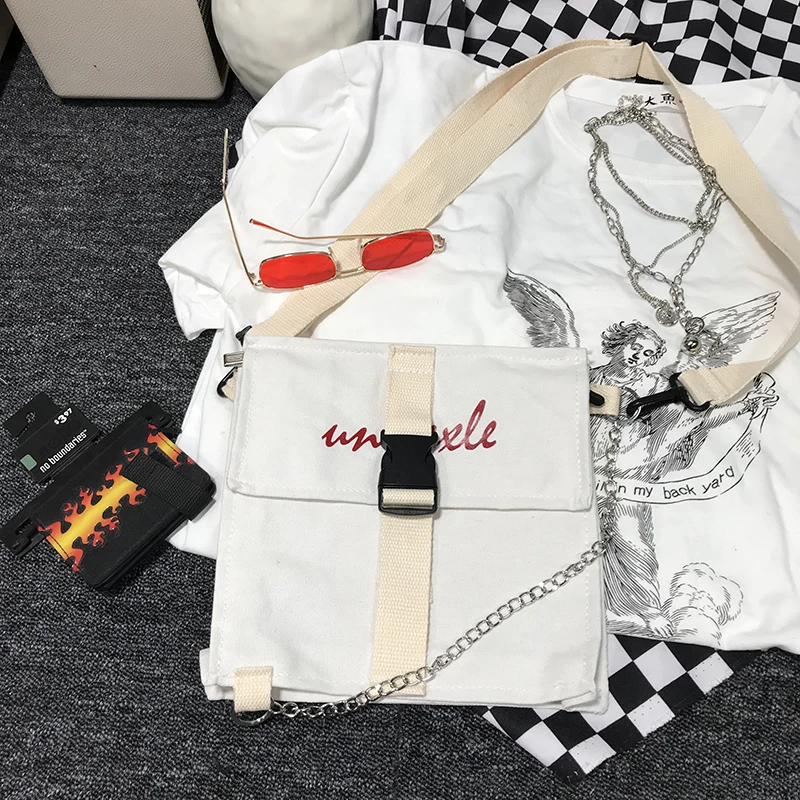 Летняя новинка, ulzzang, Harajuku, уличная, хип-хоп, на цепочке, Холщовая Сумка, женская, модная, простая, на молнии, повседневная, женская сумка-мессенджер