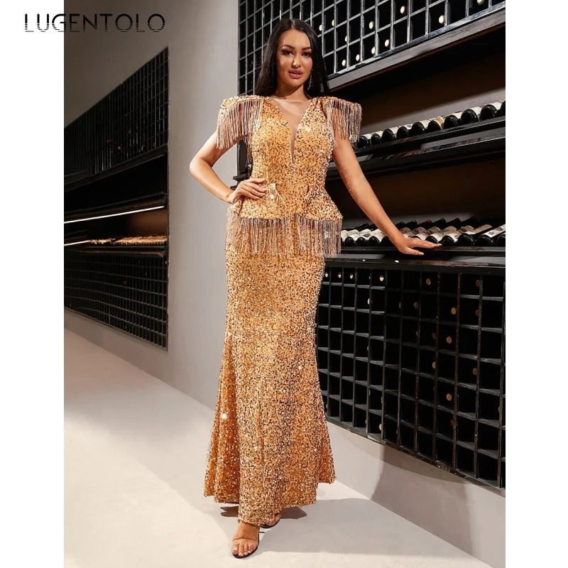 

Вечернее платье Lugentolo, женские сексуальные золотистые платья без рукавов с блестками и кисточками, женское облегающее элегантное темпераме...