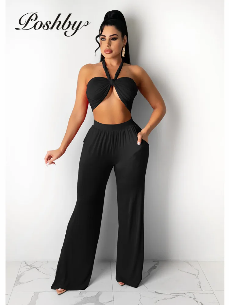 

Poshby Summer Solid Beach Suits Sexy Sleeveless Backless Halter Crop Top and Wide Leg Pants 2 Piece Set Club Outfits for Women