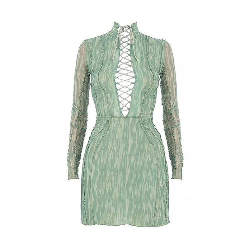 

Bodycon Party Dresses For Women Mesh Dress Sexy skirt waist Green Long-sleeved Vestidos De Mujer party dress