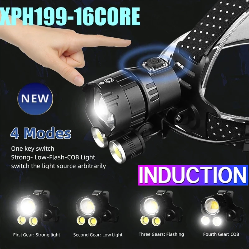 

Most Powerful LED Headlamp XHP199 Rechargeable Camping Headlight Outdoor Waterproof Zoomable Head Torch Use 18650 Battery Lamp