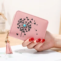 women wallets short cartoon print pu leather zipper coin purses female tassel solid color hasp card holder mini clutch bag