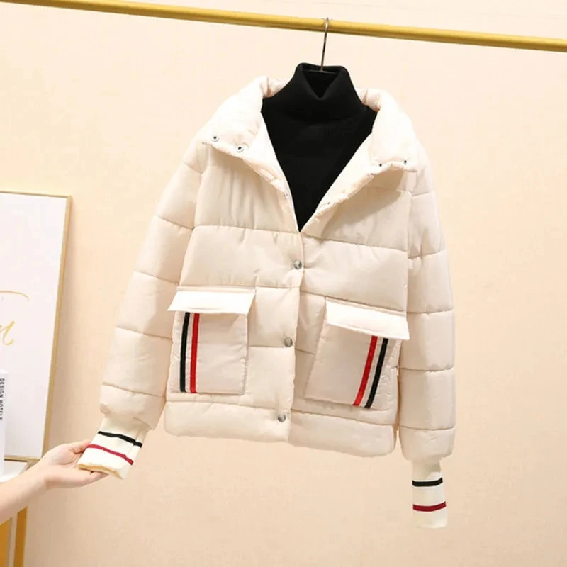 

Winter Women's Parka Korean Fashion Stand-up Collar Short Outcoat For Women 2021 Single Breasted Thicken Warm Female Down Jacket