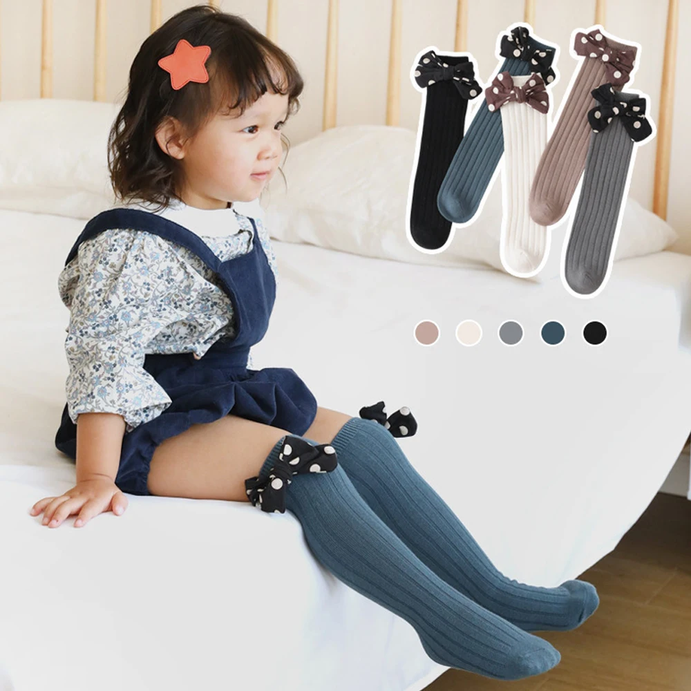 Medias de algod&oacute;n hasta la rodilla para ni&ntilde;as peque&ntilde;as, calcetines suaves con lazo de princesa, calentadores s&oacute;lidos, oto&ntilde;o 2021-0