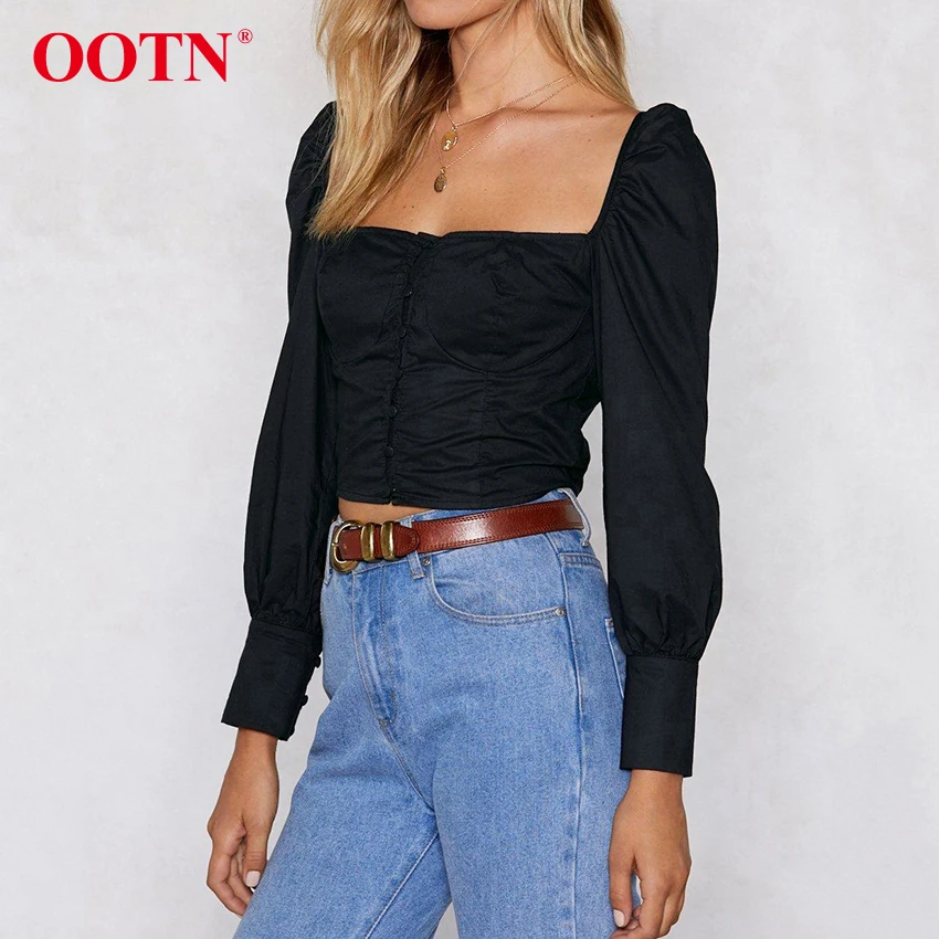 OOTN однобортный сексуальный черный укороченный Топ для женщин, с рюшами, с пышными рукавами, с квадратным воротником, блузки, женские осенние повседневные рубашки с длинным рукавом