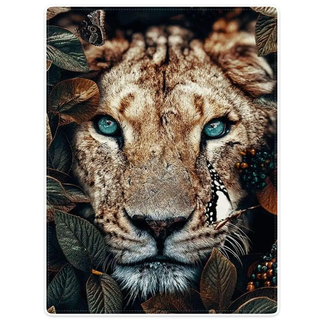 

Флисовый плед с зелеными листьями и цифровым принтом, Осень-зима и весна, одеяло со львом