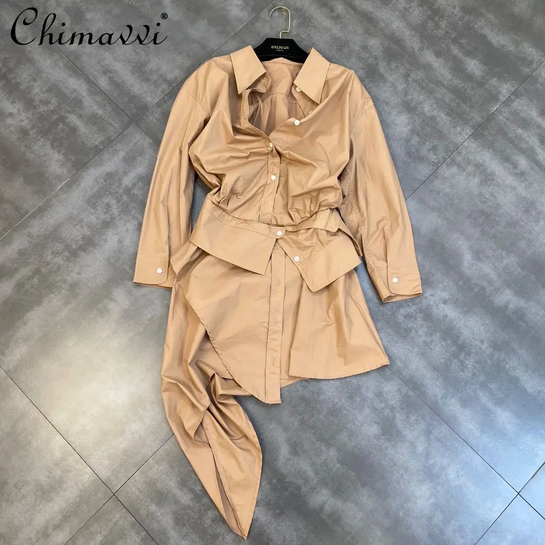 

2021 Fall Women's Clothing Fashion Polo Collar Long Sleeve Irregular Multi-Layer Slim Dress Elegant Personality Shirt Dress